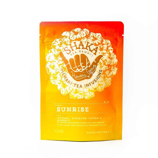 Shaka Sunrise tea package. Mamaki, Hibiscus, lemon and rosehip